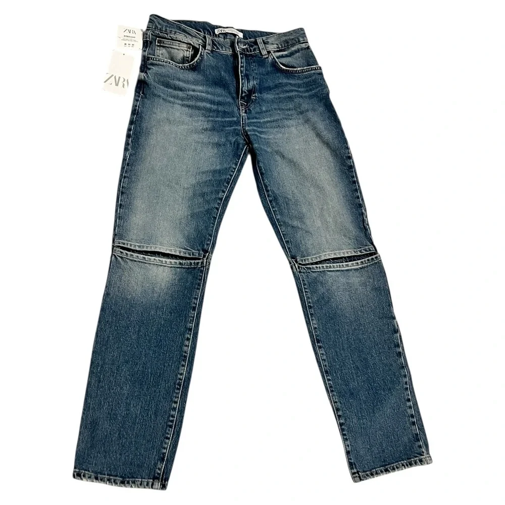 ZARA Women's Straight Leg Jeans Size 30 Blue‎ Mid Rise Knee Seam Denim